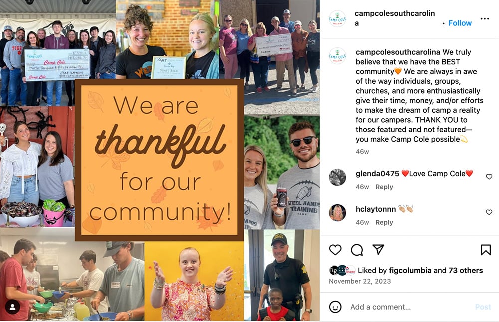 Camp Cole Instagram Feed picture with the text