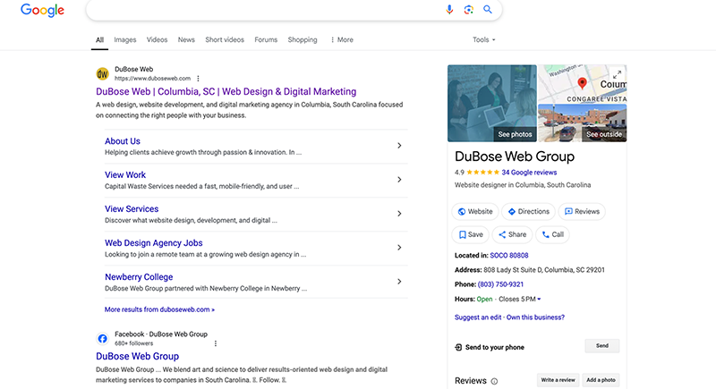 Screenshot of Google listing of DuBose Web showing what it looks like in Google My Business for a user.