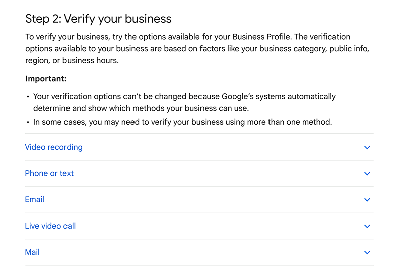 Screenshot of Step 2 to verify a Google My Business listing.