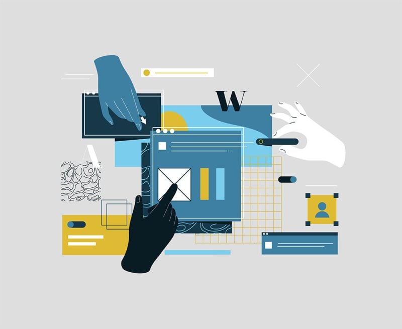 Abstract illustrated graphic, hand pointing at different aspects of a website (search bar, mouse pointer, image placeholder, etc.)