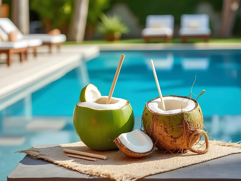 Two coconut drinks with straws on a table in front of a pool on a sunny day.