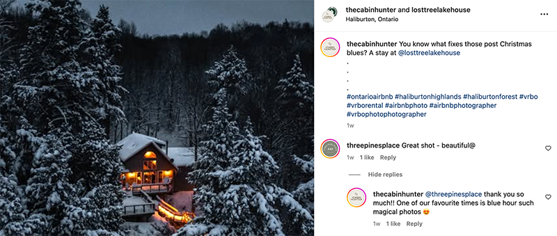 Instagram post with comments from The Cabin Hunter with an image of a log cabin in the mountains in the evening with snow around it.